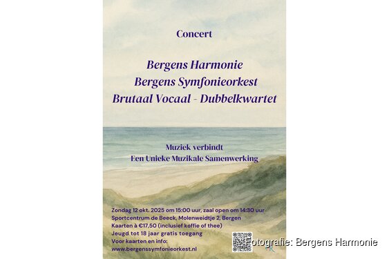 'Muziek Verbindt'; Zondagmiddag 12 oktober 2025 15:00 uur concert van drie Bergense muziekverenigingen in De Beeck in Bergen